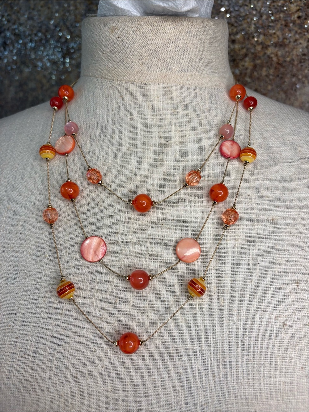 Boho Orange Multi Strand Necklace & Dangle Earrings Set Statement Jewelry